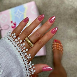 Hot Pink Chrome Press on Nails Medium Almond Nails Press ons Metallic Nails Glue on, Acrylic Nails Fake Nails for Women, Thick Shinny Glazed False Nails Glue on Nails Medium Oval Nails for Party 24Pcs