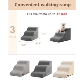 Dog Stairs for Small Dogs,3 Step Dog Ramp for Couch and Bed,Pet Stairs with Non-Slip Bottom for Old Cats,Indoor Pet Steps,Comfort,Durable,15.4" H,Grey
