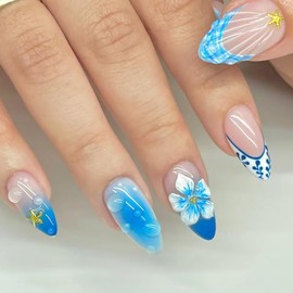 24Pcs Blue Flower Press on Nails Medium Almond Fake Nails with Gold Starfish Charms Design French Tip False Nail 3D Water Ripple Glue on Nail Summer Beach Stick on Nails for Women DIY Manicure Salon