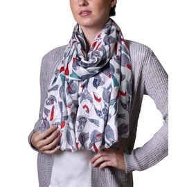 Anika Dali Women's Colorful Tweet Bird Print Lightweight Scarf (Primavera Ivory/Red)