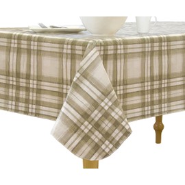 Elrene Home Fashions Vinyl Tablecloth with Polyester Flannel Backing Country Plaid Easy Care Spillproof, 60" x84" BBQ with Umbrella Hole, Taupe
