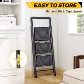KINGRACK 3 Step Ladder, Folding Step Stool with Wide Anti-Slip Pedal and Handrails, Portable Lightwight Household Ladder, 800LBS Sturdy Steel Ladder, for Your Kitchen, Pantry, Closets, Office Use