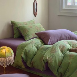 VM VOUGEMARKET Retro Flower Duvet Cover King,3Pcs Yarn-Dyed French Linen Jacquard Duvet Cover Set Mint Green Purple Bedding Set for Girls Women Without Comforter