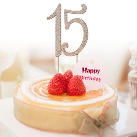 Decoración para tartas de 15 cumpleaños con purpurina y diamantes de imitación para decoración de cumpleaños o aniversario, suministros de fiesta de alegría a 15 años