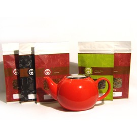 Christmas Holiday Red Ceramic Infuser Teapot and Holiday Flavored Loose Leaf (Looseleaf) Tea Sampler Gift Set Kit (incl. five 2 oz. specialty teas) (Bundle - 6 items)