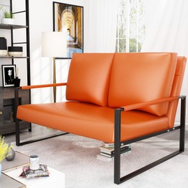 AWQM Mid-Century Modern Solid Loveseat Sofa Upholstered Faux Leather 2-Seat Couch Metal Armchair Accent Chair for Small Space Living Room, Bedroom, 105 Degree Slant Back, Easy-Assembly, Orange