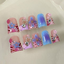 Handmade Press on Nails Leopard Print 3D Luxury Flower & Butterfly Fake Nail Designs Gradient Stick on Nails Full Cover Flower Press on Nails Short Duck Muti-Layer Gel Thick Acrylic Nail for Womenï¼ˆM)