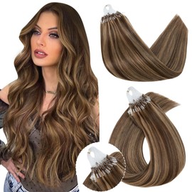 SEGO Pro Microlink Hair Extensions, Micro Loop Human Hair Extensions, Long Straight Invisible Microbead Extensions for Women, 14 inches, Medium Brown mixed Dark Blonde, 50 Strands, 50g/pack