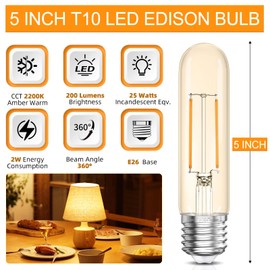 GvvooHome Tubular LED Edison Bulb 2200K Amber Warm Dimmable, 2W Equal 25 watt, E26 LED Light Bulbs, T10 Edison Bulbs for Chandeliers, Ceiling Fan, 90+CRI 250LM, 6 Pack