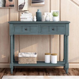 Sofa Table with Drawers Entryway Table Wood Console Table with Two Storage Drawers and Bottom for Living Room (Navy)