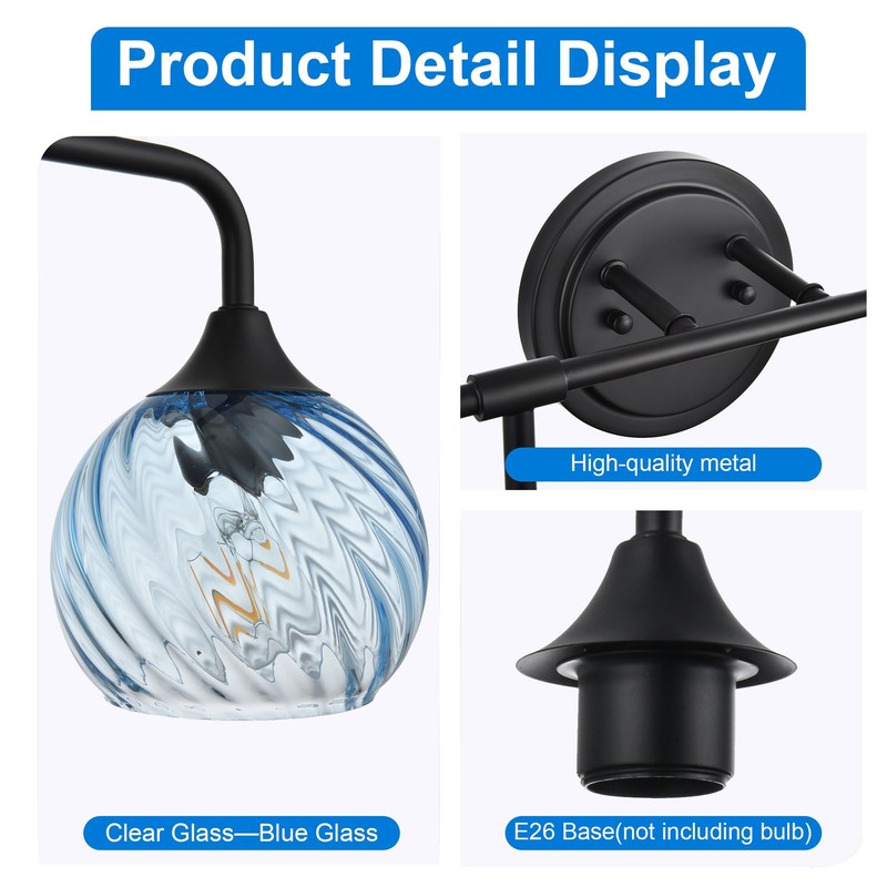 MELUCEE Bathroom Light Fixtures Black Vanity Light with Blue Striped