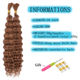 TAOYEMY Deep Wave Bulk Braiding Hair 100g (1 Pack—2 Bundles) No Weft Boho Braids Wet and Wavy Synthetic Hair Extension (30#, 16 inch-1pc)