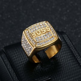Psivika Gold Plated Bling Pinky Ring Simulated Diamond Hip Hop Iced Out Rings,Bling Gold Diamond Rings,Big Boss Rings (Size8, Gold)