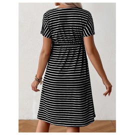 SHENHE Women's Maternity Striped Short Sleeve Drawstring Waist Knee Length Tshirt Dress Black and White Small