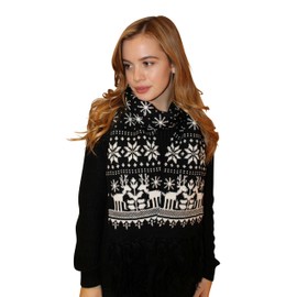 Central Chic Womens Winter Scarf Christmas Scarf - Black Thick Knitted Scarf With Fair Isle & Large Snowflakes