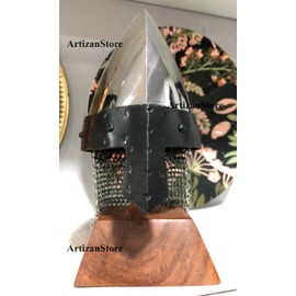 ARTIZANSTORE Medieval Armor Nasal Home Decorative Mini Helmet with Wooden Stand Helmet, Tabletop Decoration, Medieval Decorative Purposes Additionally Helmet Decoration