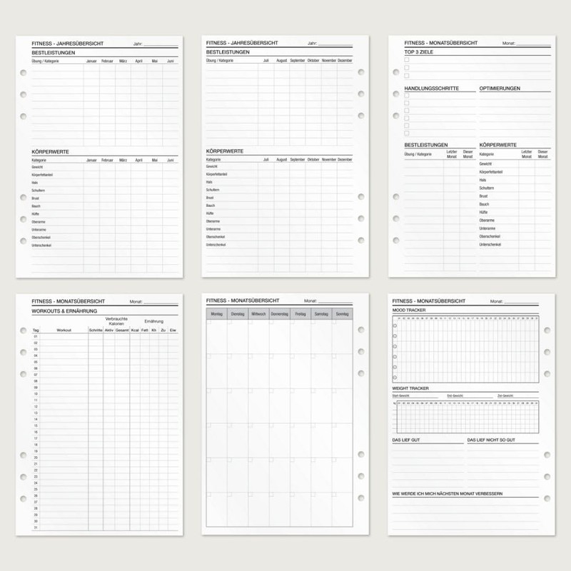 KOMPASS® Fitness Planning Inserts, DIN A5 Inserts for Ring Binder