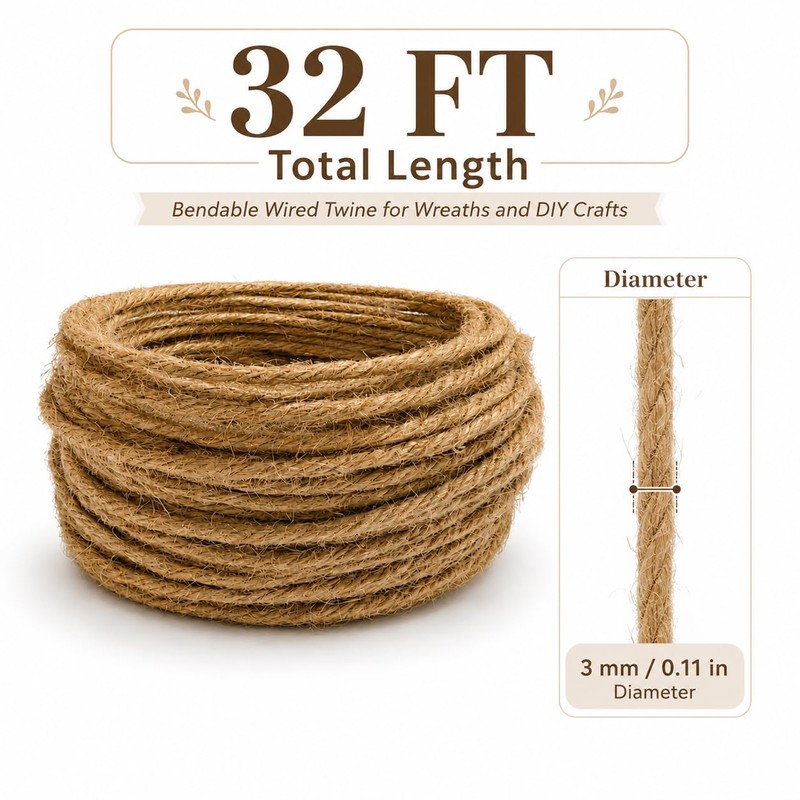 32 Ft Wired Jute Twine, Bendable Wired Twine for Wreaths