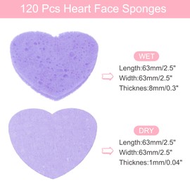 QUARKZMAN Pack of 120 Compressed Face Sponges Heart-Shaped Facial Cleansing Sponges Pads for Daily Skin Care Routines at Home, Kitchen, Travel, Purple