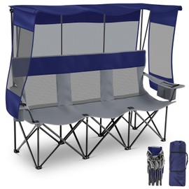 Teenyyou 3 Person Camping Chair with Canopy Shade - Oversized Beach Chair with UV Sun Protection, Heavy Duty 770 Lbs Folding Loveseat with 2 Cup Holders & Carry Bag for Outdoor Lawn Beach(Blue Gray)