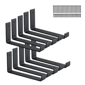 10 Pack Heavy Duty J Shelf Brackets with Lip, 9-Inch Industrial Wall-Mounted Floating Supports for 8.8" Wide Lumber Board, Black, HOME MASTER HARDWARE