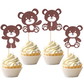 24 PCS Bear Cupcake Toppers Glitter Baby Shower Teddy Bear Cupcake Picks Decorations for Gender Reveal Bear Theme Baby Shower Kids Birthday Party Supplies Brown