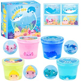 4 Pack Glimmer Crunchy Crystal Slime for Kids, Super Soft Stress Relief Toy, Ocean Clear Slime Kit with Pink, Yellow, Blue, Birthday Gift Party Favor for Girls and Boys