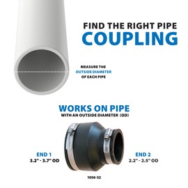 Fernco P1056-32 Flexible PVC Reducing Coupling, Connects 3" Pipe to 2"