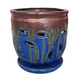 Large 6inch Ceramic Orchid pots with Holes, Flower Pot with Saucer for Indoor Plants Home Decorative, Round Planter (Blue+Golden Brown)