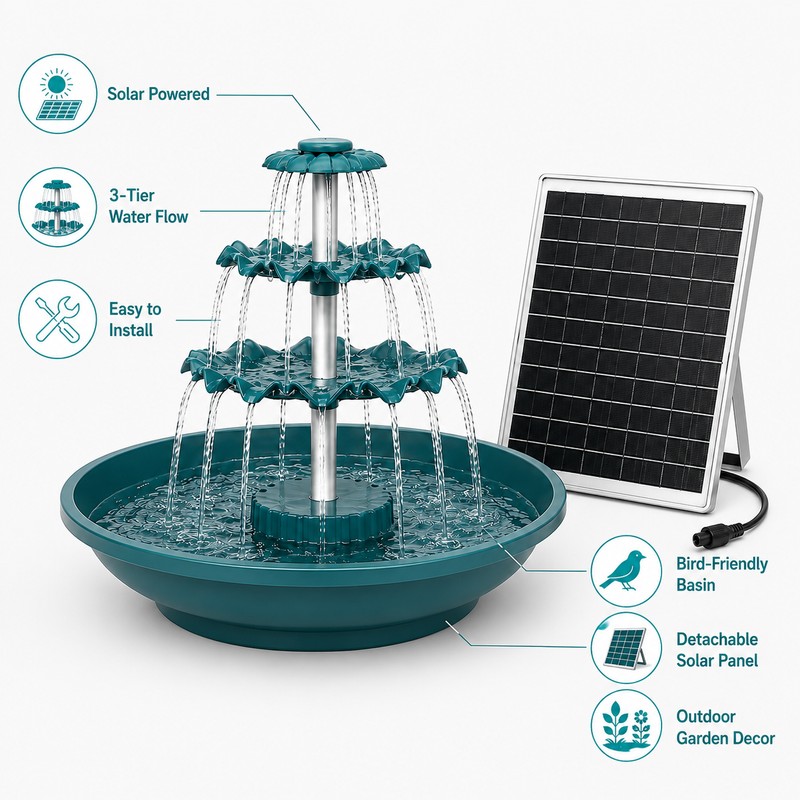 3-Tier Solar Bird Bath Fountain with 3.5W Detachable Solar Panel