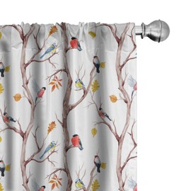 Ambesonne Autumn Window Curtains, Watercolor Birds on a Tree with Yellow Leaves During Fall Season, Lightweight Decor 2-Panel Set with Rod Pocket, Pair of - 28" x 95", Peach White