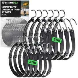 Rhino USA Rubber Bungee Cords Heavy Duty Outdoor with Adjustable Hooks (12-Pack) Assorted Weatherproof Straps with S Hooks for Tarps, Cargo, Motorcycle, Truck and More (185lbs Load Capacity)