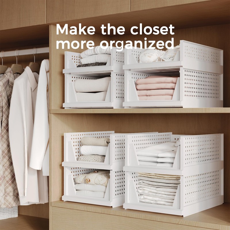 Pinkpum Stackable Plastic Storage Basket-Foldable Closet Organizers and Storage Bins