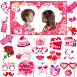 Valentine's Day Photo Booth Props Decor, 23 Pcs Valentine's Day Photo Booth Props and Valentine's Day Photo Prop Frame for Happy Valentines Themed Party Supplies Decoration