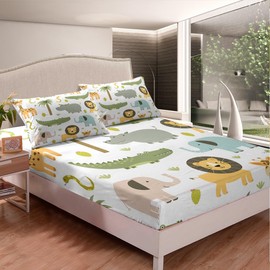 Wild Animals Bedding Set Safari Animals Print Bed Sheet Set for Boys Girls Teens Cute Hippo Crocodile Lion Fitted Sheet Kids Cartoon Elephant Giraffe Bed Cover Room Decor Full Size