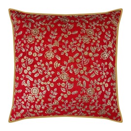 Craftbot Embroidered Throw Pillow Covers - 1 Piece - 16x16 Toss Pillow - Red and Gold Embroidery - Indian Bollywood Pillows - Luxury Cushion Cover - Decorative Pillow Sham - No Insert