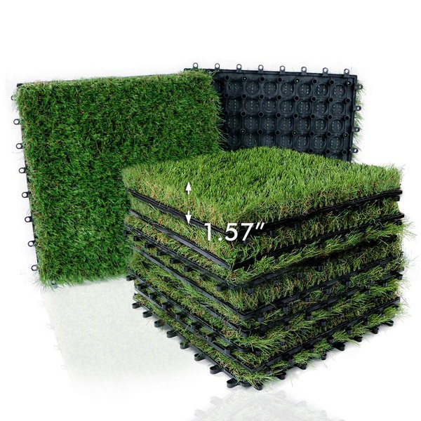 Artificial Grass Turf Interlocking Deck Tiles Set 18 PCS, 12"x12" Thick Synthetic Fake Grass Self-draining Mat Patch Indoor/Outdoor Flooring Decor Pad