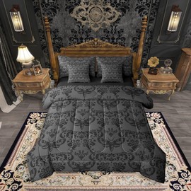 Erosebridal Gothic Bed in A Bag 7 Piece Grey Black Moth Goth Queen Comforter Set with Sheets Vintage Damask Boho Bedding Sets for Boys Adults Men,Exotic Victorian Style Floral Animal Bed Set