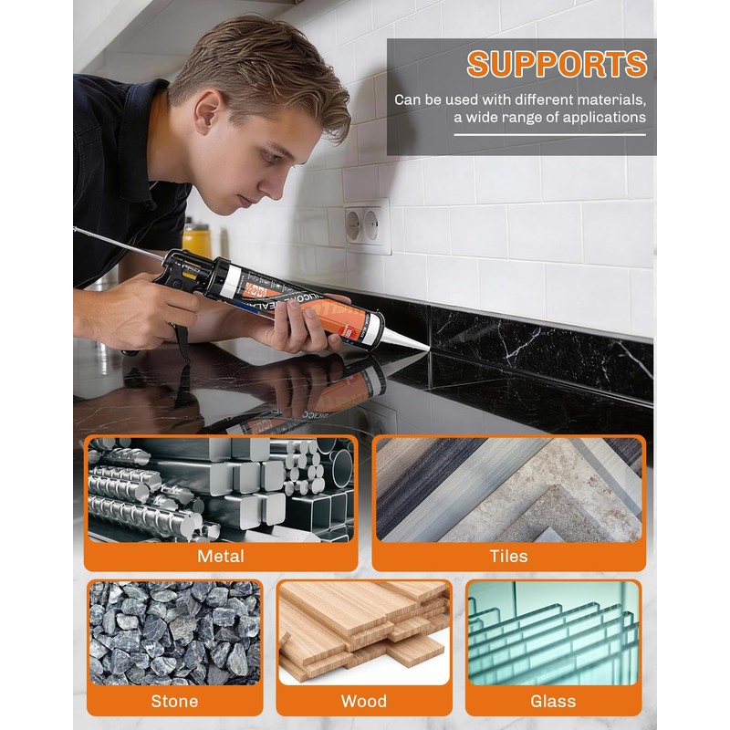 WELLUCK Black Silicone Caulk, 100% Waterproof Silicone Sealant Adhesive Caulking,for