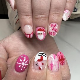 Christmas Press on Nails Short Almond Winter Fake Nails Pink Full Cover Santa Claus False Nails with Snow Bow Designs Glossy Glue on Nails Cute Acrylic Manicure Artificial Nails for Women Girls 24Pcs