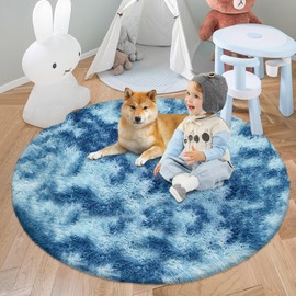 ATRUG Soft Tie-Dyed Blue Round Rugs for Boys Bedroom Furry Carpet for Teen's Room Comfortable Soft Home Decor Shag Circle Rug for Baby Nursery Living Room Playroom Dorm Home Decor 4x4ft
