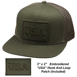 Antourage American Flag Unisex Baseball Hat for Men and Women | USA Flag Mesh Snapback Flat Visor Cap + 2 Patriotic Patches ((86) Olive Flat Visor Mesh Snapback)