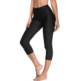 ATTRACO Swim Leggings Ladies 3/4 Long Swim Shorts High Waisted Board Shrots Swim Bottoms UPF 50+ Swimming Leggings Swim Pants Black