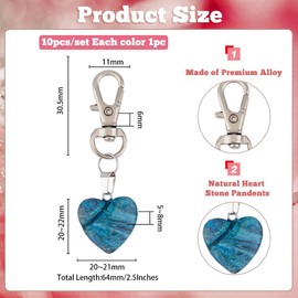 SUPERFINDINGS Pack of 10 Heart Gemstone Pendants with Alloy Lobster Clasps, Smooth Stone, Sweet Heart Pendant for DIY Key Chain, Jewellery Making, 64 mm, Natural stone, alloy gemstone