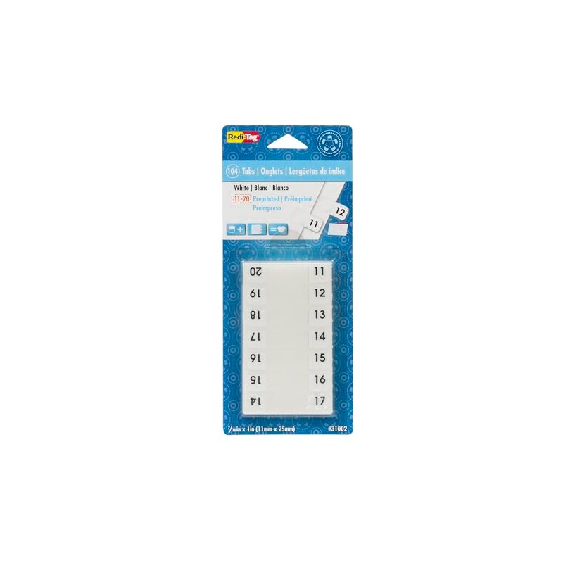 Redi-Tag Numbered Tabs, 11-20 Pre-Printed Divider Tabs, Permanent Adhesive Index