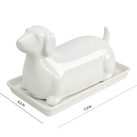 Colias Wing 3D Dachshund Shaped Ceramic Butter Dish with Lid Butter Keeper Butter Plate Tray for Kitchen Countertop Dachshund Pattern Butter Crock Keeper Saver