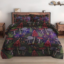 WeCozy Queen Size Comforter Set with 2 Pillowcases, Mushroom Gothic Fern 3 Pcs Soft Bedding for Kids and Adults, Vintage Leaf Retro Plant Comforter Set for Room Bedroom Bed Decor