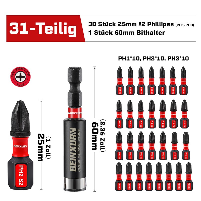 Geinxurn 68-Piece Impact Resistant Screwdriver Bit Set (PH, TX, PZ,