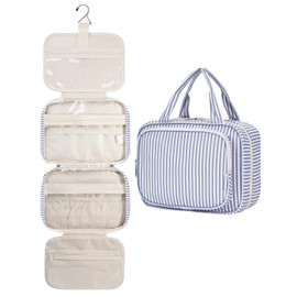 Narwey Women's Toiletry Bag for Hanging Wash Bag Cosmetic Bag Large Wash Bag Cosmetic Organiser for Women Girls, Grey-blue stripes (medium)