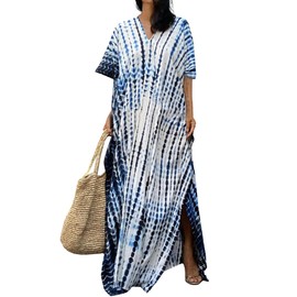 Moss Rose Women Summer Caftan Coverups Dress Kimono Beach Vacation Wear V Neck Print Maxi Boho Dress